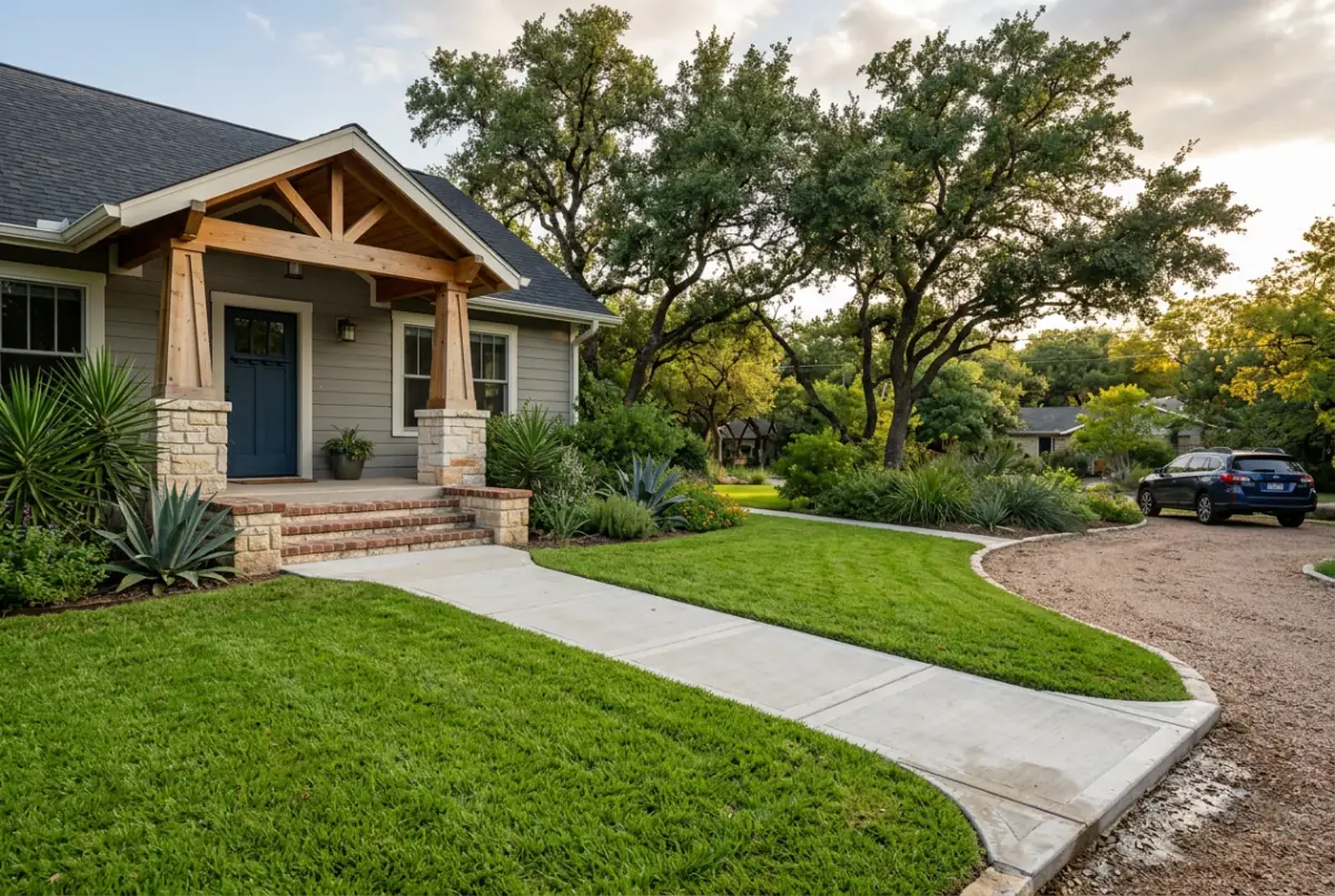 A concrete front walkway curving from the street to a craftsman style porch